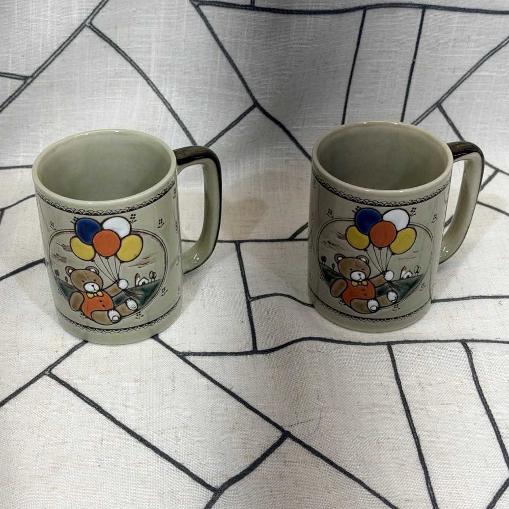 Otagiri Coffee Mugs Set of 2 Gray Teddy Bear Balloons Vintage Japan Stoneware
